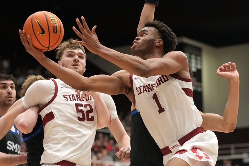 Feb 28, 2026; Stanford, California, USA; Stanford Cardinal guard Ebuka Okorie (1) shoots against the Southern Methodist University Mustangs during the first half at Maples Pavilion. Mandatory Credit: Darren Yamashita-Imagn Images