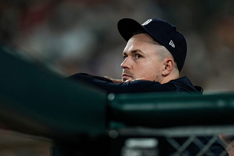 Tigers pitcher Tarik Skubal (29) looks on from the dugout during the ninth inning against the Yankees at Comerica Park on Tuesday.