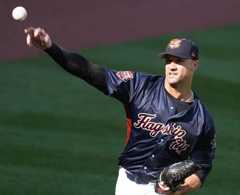 Erie SeaWolves pitcher Jack Flaherty, on a rehabilitation assignment from Detroit, warms up prior to starting against the Binghamton Rumble Ponies at UPMC Park in Erie, Pa., on June 23, 2026. Flaherty was the first major-league ballplayer to rehab in Erie in 10 years.