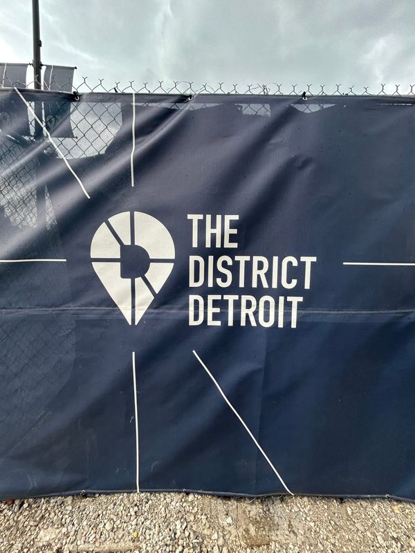 A banner for The District Detroit, seen in downtown.