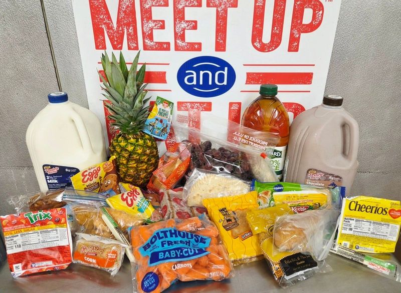 This photo shows an example of a meal bundle for one child (food for a week's worth of breakfasts and lunches).