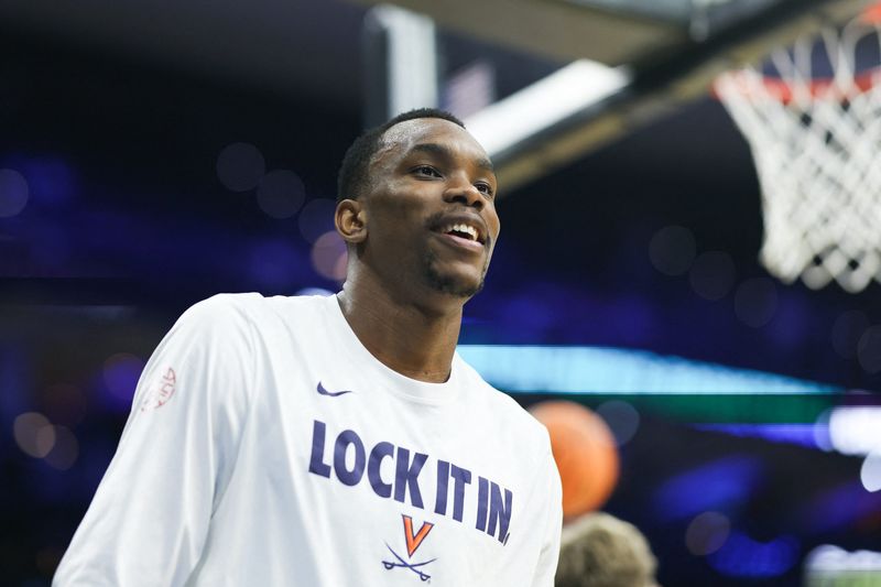 Virginia Cavaliers center Ugonna Onyenso (33) warms up before the game against the Wright State Raiders during a first-round game of the men's 2026 NCAA Tournament at Xfinity Mobile Arena.