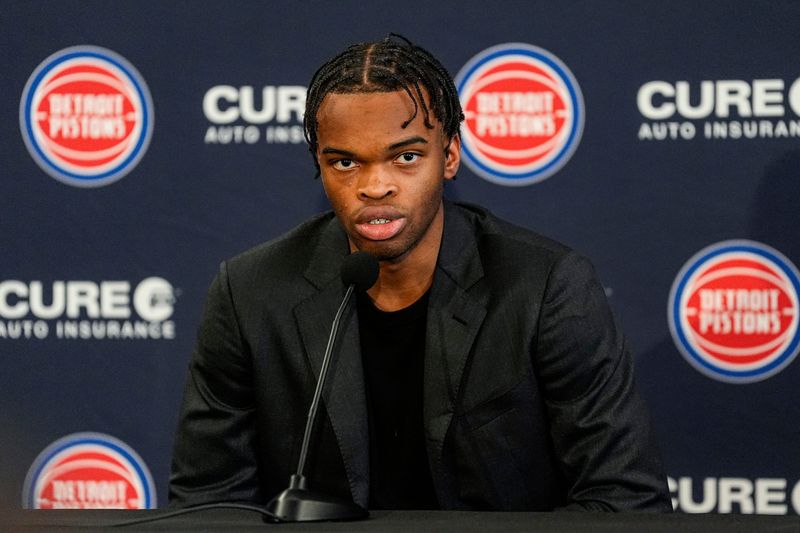 Detroit Pistons first round draft Ebuka Okorie speaks during his introductory press conference at Detroit Pistons Performance Center in Detroit on Thursday, June 25, 2026.