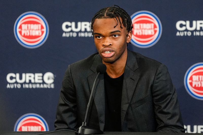 Detroit Pistons first round draft Ebuka Okorie speaks during his introductory press conference at Detroit Pistons Performance Center in Detroit on Thursday, June 25, 2026.