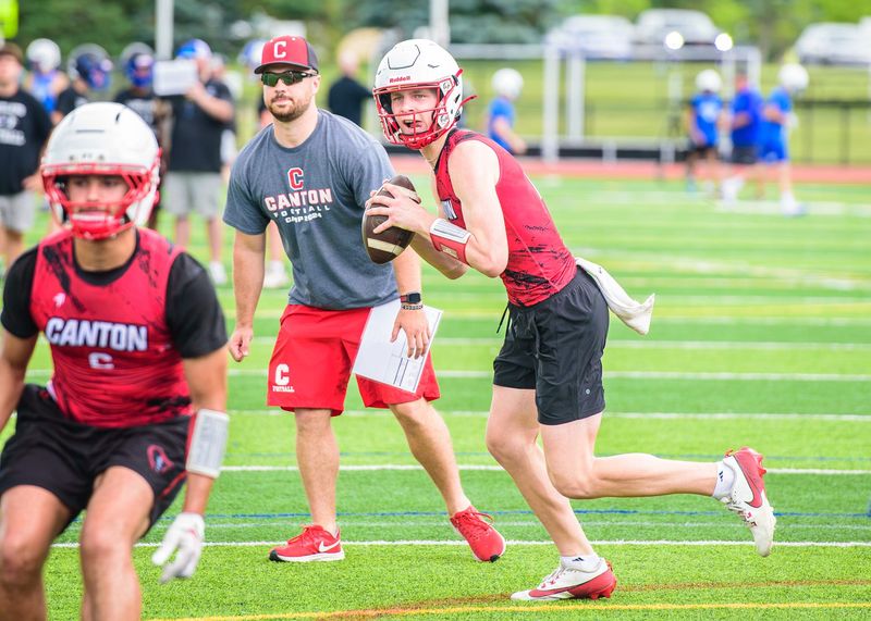 Canton's Dylan Parrish passes during the Throwdown Before The Shutdown 7-on-7 football tournament on Wednesday, June 24, 2026, at Plymouth High School.