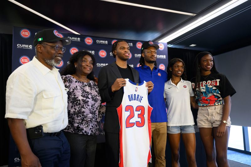 (From left) Charles Okorie, his wife Ijeoma, their son and Detroit Pistons first-round draft pick Ebuka Okorie, along with Ebuka’s siblings Emeka, Adaeze, and Kelechi, during a press conference at the team’s practice facility, in Detroit, June 25, 2026.