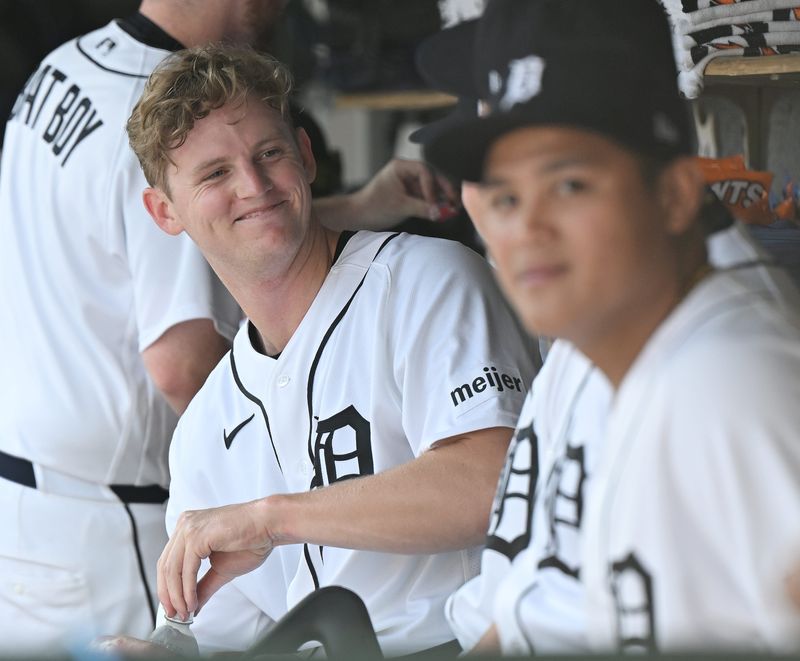 Tigers pitcher Troy Melton smiles in the dugout before the game. Detroit Tigers take on the Houston Astros on June 25, 2026 at Comerica Park in Detroit.