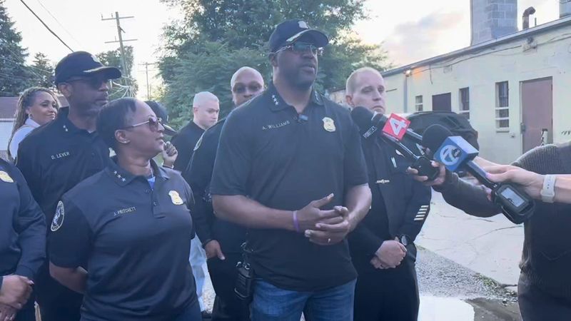 Detroit Deputy Police Arnold Williams speaks to reporters near the scene where an officer shot and killed a person during the execution of a search warrant, Thursday, June 25, 2026.