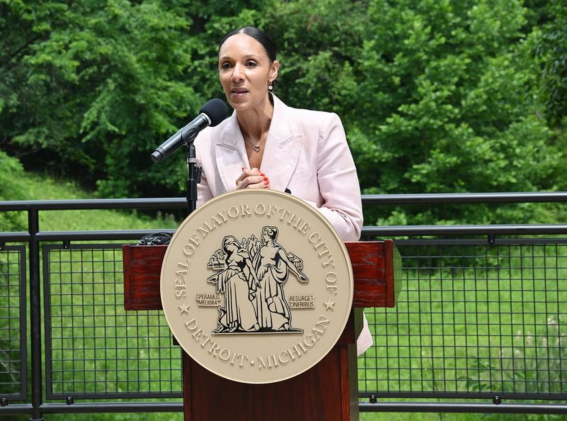 Mayor Mary Sheffield gives remarks during the ribbon-cutting ceremony for the new Rogell Park, a 98-acre new “nature park” at the former Rogell Golf Course, which has been closed since 2013, on Friday, June 26, 2026, in Detroit, MI.