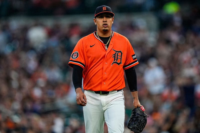 Detroit Tigers pitcher Keider Montero (54) walks off the mound after pitching the seventh inning against Houston Astros at Comerica Park in Detroit on Friday, June 26, 2026.