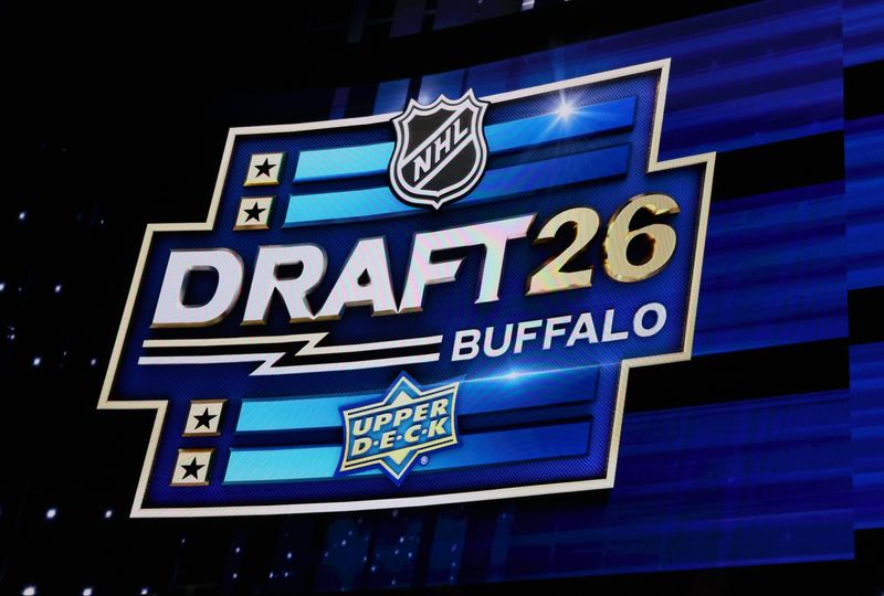 The logo for the NHL draft during the first round at KeyBank Center in Buffalo, New York, on Friday, June 26, 2026.