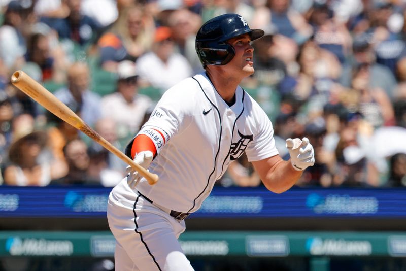Detroit Tigers right fielder Kerry Carpenter (30) hits a grand slam in the third inning against the Houston Astros at Comerica Park in Detroit on Saturday, June 27, 2026.