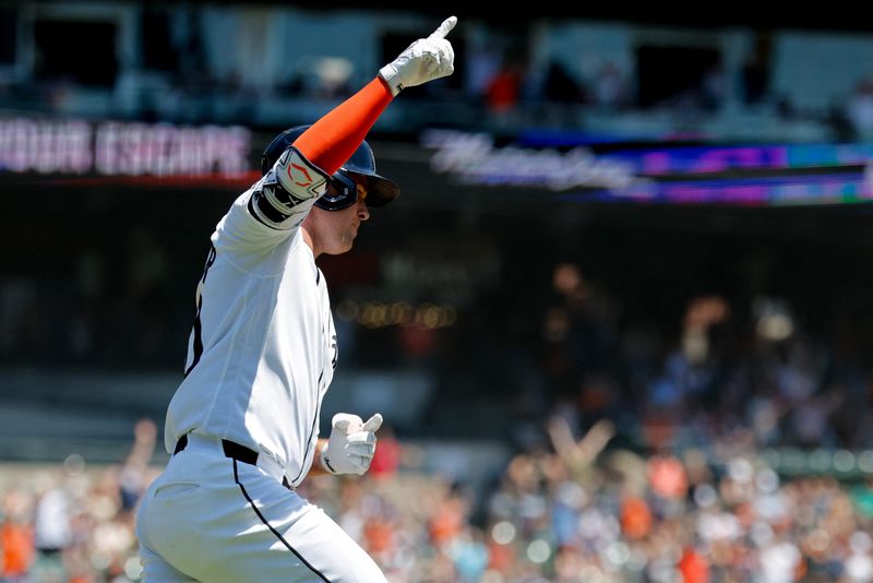 Detroit Tigers right fielder Kerry Carpenter (30) celebrates after he hits a grand slam in the third inning against the Houston Astros at Comerica Park.