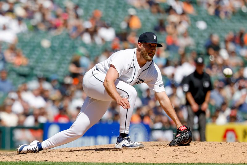 Detroit Tigers pitcher Will Vest (19) watches a ball hit by Houston Astros catcher Christian Vazquez (not pictured) go past for a single in the eighth inning against the Houston Astros at Comerica Park in Detroit on Saturday, June 27, 2026.