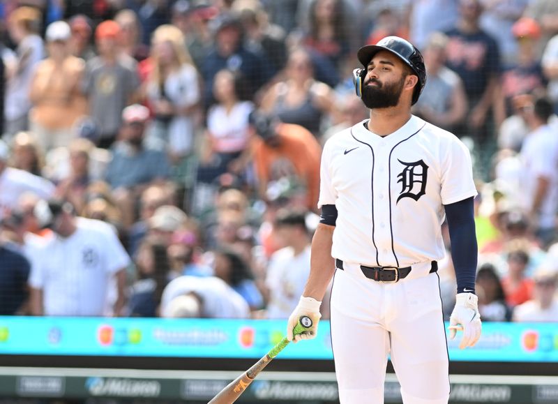 Tigers left fielder Riley Greene reacts after striking out with the bases loaded in the ninth inning Sunday.