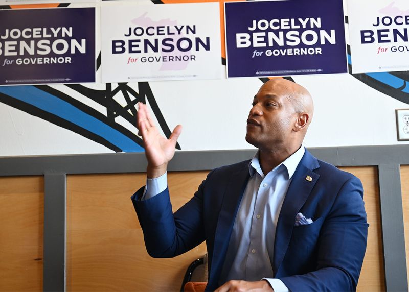 Maryland Gov. Wes Moore, who supports Jocelyn Benson for governor, talks about child care and small black businesses during a fireside chat at the Morningside Cafe on Monday, June 29, 2026, in Detroit, MI.