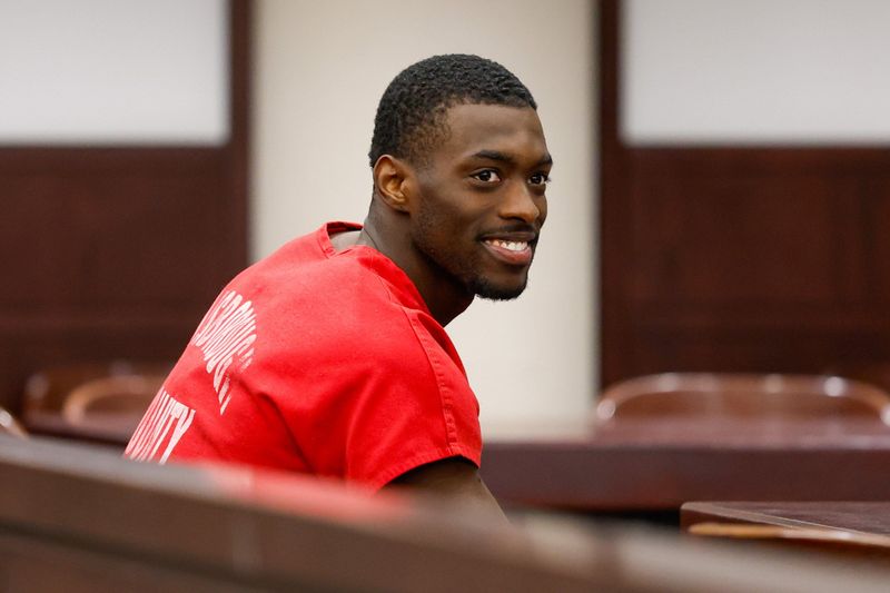 Terrion Arnold, a Detroit Lions cornerback, takes his seat before his pretrial detention hearing inside courtroom 1 of the Hillsborough County Courthouse on Monday, June 29, 2026, in Tampa.