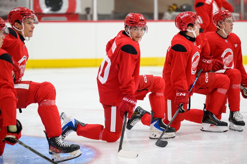 Right wing Brent Solomon waits for practice to begin during the Detroit Red Wings development camp, at Little Caesars Arena, in Detroit, June 29, 2026.