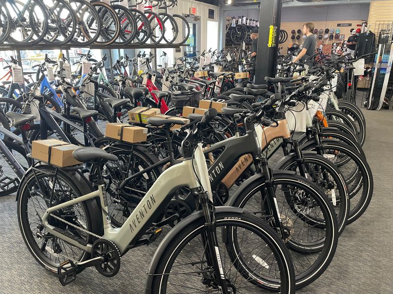 E-bikes are parked in a row at Bikes Blades and Boards in Grosse Pointe Park, Michigan, on Monday, June 29.