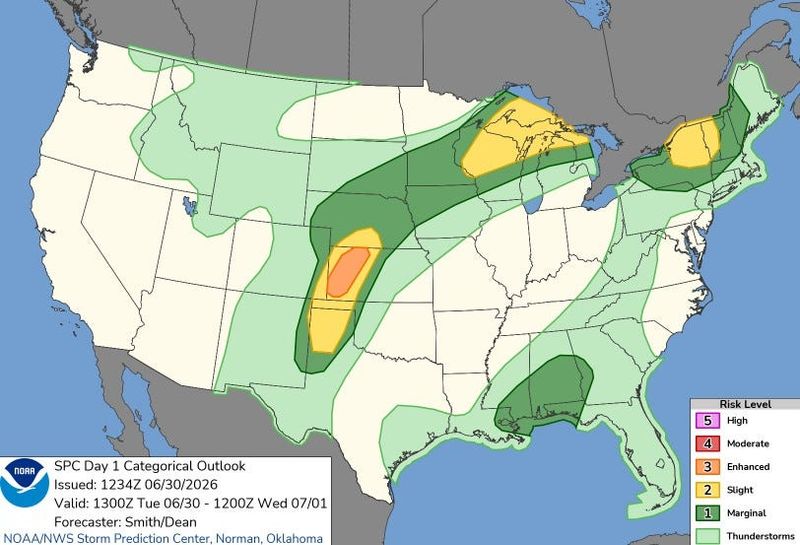 Severe weather outlook for the U.S. from Tuesday, June 30, to Wednesday, July 1.