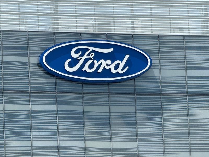 The Ford Motor Co. blue oval logo on the automaker's new World Headquarters in Dearborn on June 30, 2026.