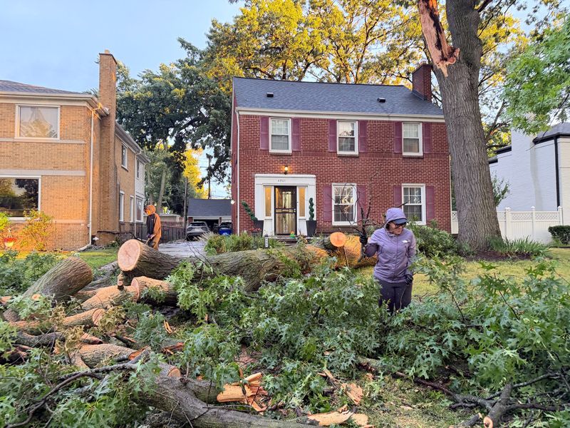 Wendi Lloyd, 53, of Detroit looks over a large oak tree branch that narrowly missed her house on Outer Drive on Friday, July 3, 2026.