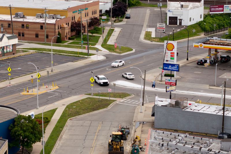 The intersection of Prospect & Schaefer, in Dearborn, July 5, 2026. Dearborn has completed some redesign work at the intersection, which also has other streets that criss-cross it at awkward angles and overall has been a dangerous area for crashes.