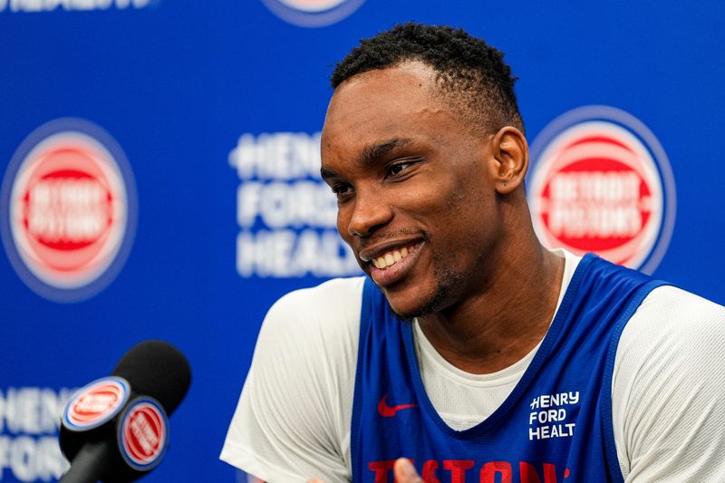 Detroit Pistons second round draftee Ugonna Onyenso speaks during his introductory press conference at Detroit Pistons Performance Center in Detroit on Monday, July 6, 2026.