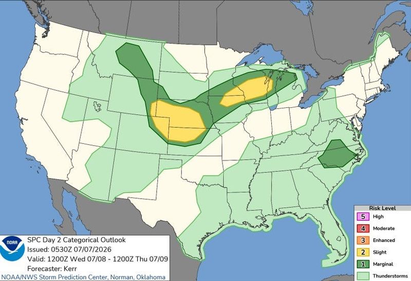 Thunderstorm forecast from Wednesday, July 8, to Thursday, July 9 for the U.S.