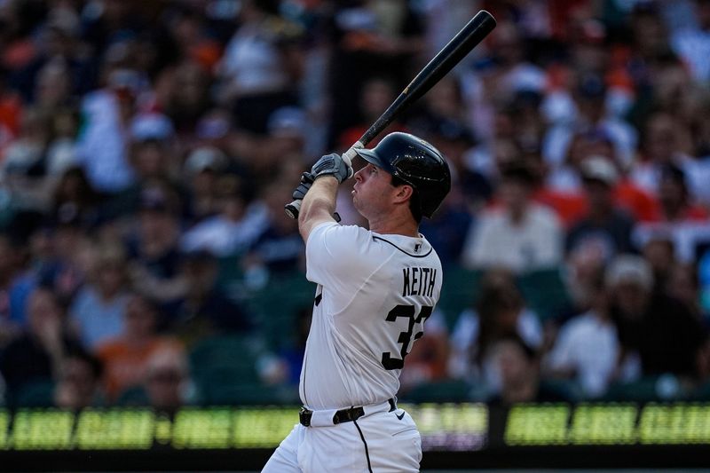 Detroit Tigers third baseman Colt Keith (33) hits a two run home run against Athletics during the first inning at Comerica Park in Detroit on Tuesday, July 7, 2026.