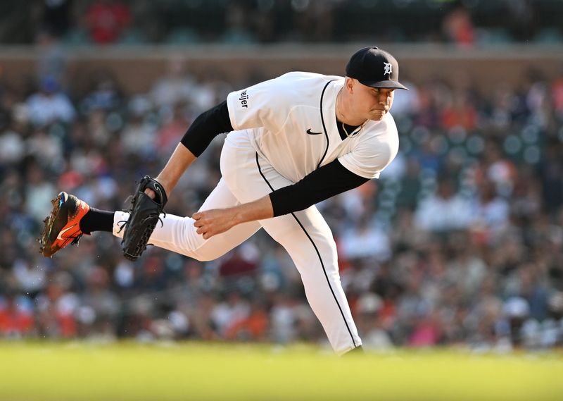Tigers pitcher Tarik Skubal delivers a pitch in the first inning. Detroit Tigers take on the Oakland A’s on July 7, 2026 at Comerica Park in Detroit.