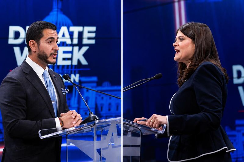 Former Wayne County health chief Abdul El-Sayed (left) and U.S. Rep. Haley Stevens squared off in their first one-on-one debate of the Democratic U.S. Senate primary on Tuesday, July 7, 2026 inside the studios of WOOD-TV in Grand Rapids. El-Sayed and Stevens are vying for the Democratic nomination in the Aug. 4 primary election.