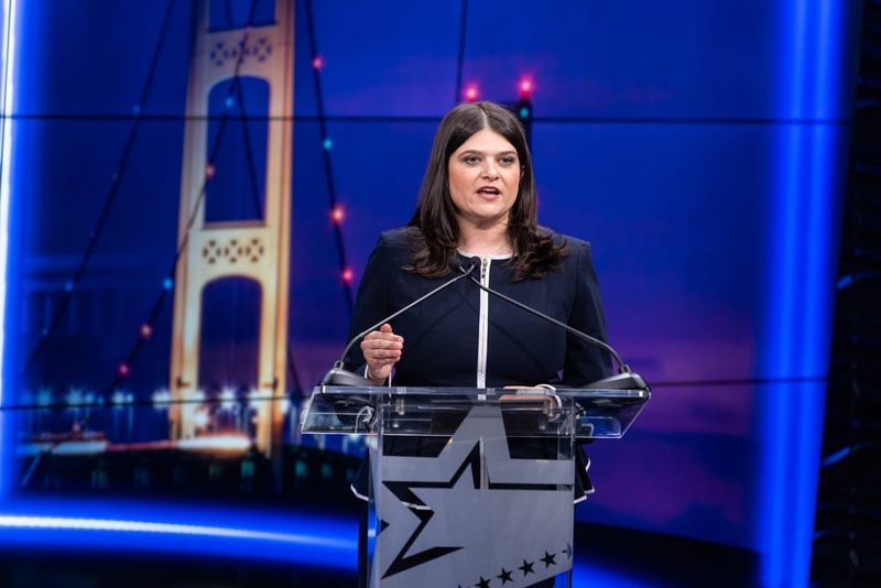 U.S. Rep. Haley Stevens debates Abdul El-Sayed during a televised debate for the Democratic U.S. Senate primary on WOOD-TV in Grand Rapids on July 7 in Grand Rapids. Stevens, a moderate Democrat from Oakland County, is facing the headwinds of a progressive uprising in the Democratic primary on Aug. 4.