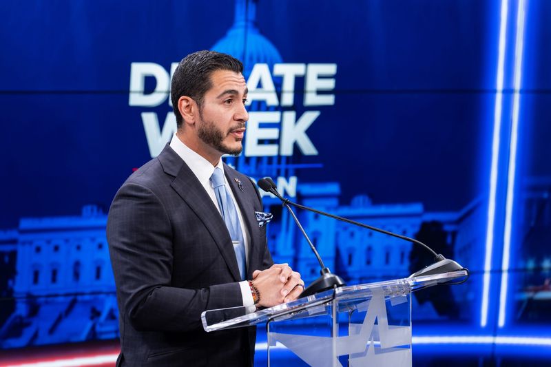 Former Wayne County health chief Abdul El-Sayed of Ann Arbor debates U.S. Rep. Haley Stevens, D-Birmingham, during a televised debate for the Democratic U.S. Senate primary on WOOD-TV in Grand Rapids on July 7, 2026 in Grand Rapids, Mich.