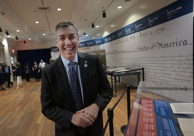 Patrick Madden, CEO of National Archives Foundation, explains the great debate over various drafts of the Bill of Rights, at the National Archives "Freedom Plane National Tour," taking the founding-era documents across the country on Americas 250th anniversary at The Henry Ford Museum of American Innovation in Dearborn, Michigan on July 8, 2026.