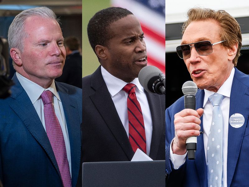 Republican candidates in the Michigan GOP primary for governor, from left, former Michigan Attorney General Mike Cox, U.S. Rep. John James of Shelby Township and businessman Perry Johnson.