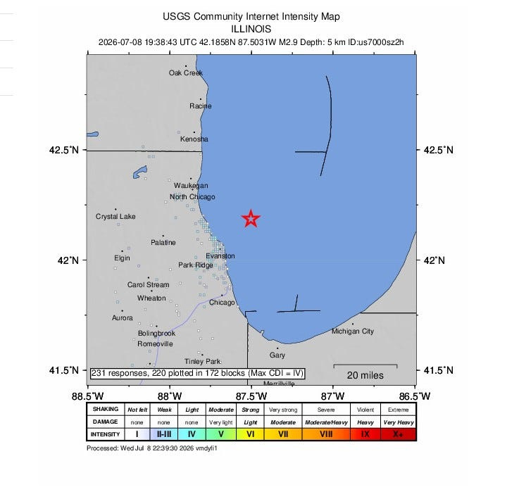 Wednesday's earthquake was located about 13 miles northeast of Evanston, Illinois, according to the U.S. Department of the Interior's U.S. Geological Survey. It had a depth of 3.1 miles.