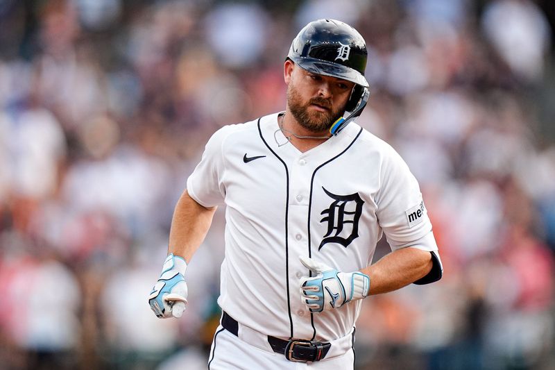 Detroit Tigers catcher Jake Rogers (34) runs past third base after batting a two run home run against the Athletics during the second inning at Comerica Park in Detroit on Wednesday, July 8, 2026.