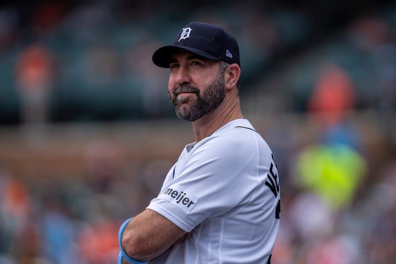 Tigers pitcher Justin Verlander watches from the dugout during a game against the White Sox at Comerica Park in Detroit on Sunday, June 21, 2026.