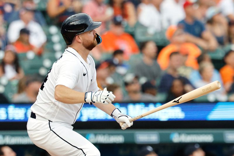 Detroit Tigers catcher Jake Rogers (34) hits a home run in the third inning against the Athletics at Comerica Park in Detroit on Thursday, July 9, 2026.