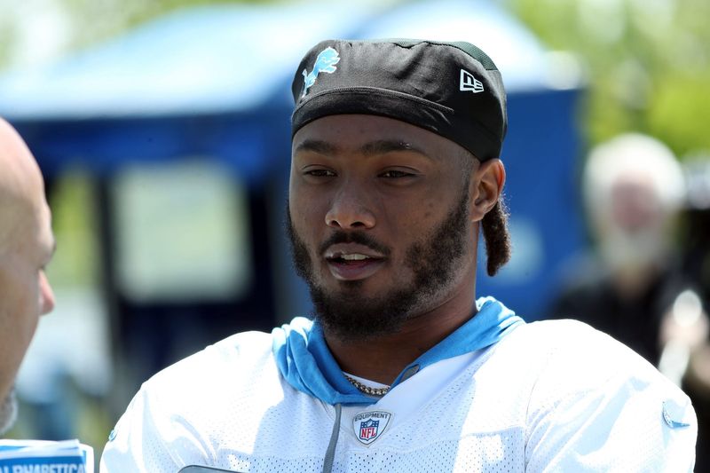 Lions defensive back Saivion Smith talks with reporters after during OTAs on Thursday, May 25, 2023, in Allen Park.