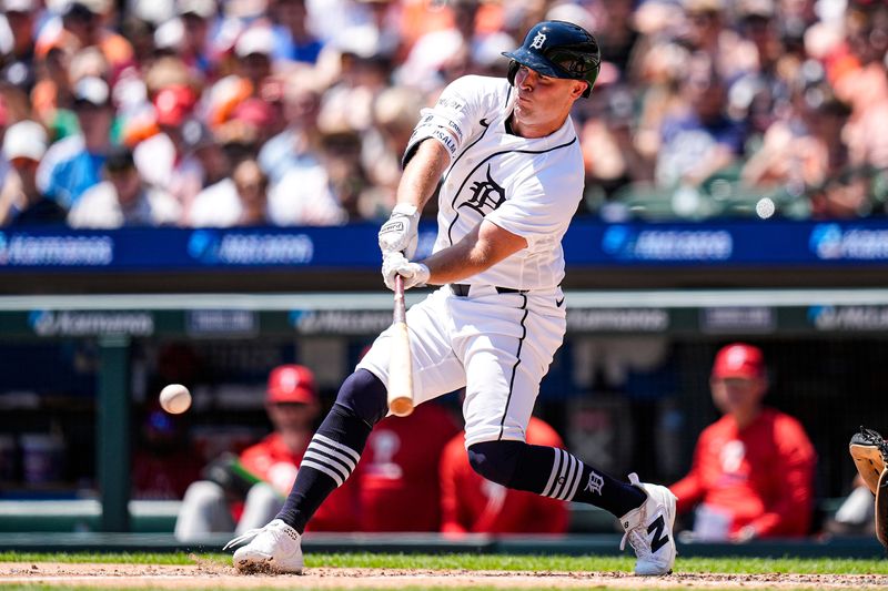 Detroit Tigers designated hitter Kerry Carpenter (30) bats against Philadelphia Phillies during the second inning at Comerica Park in Detroit on Sunday, July 12, 2026.
