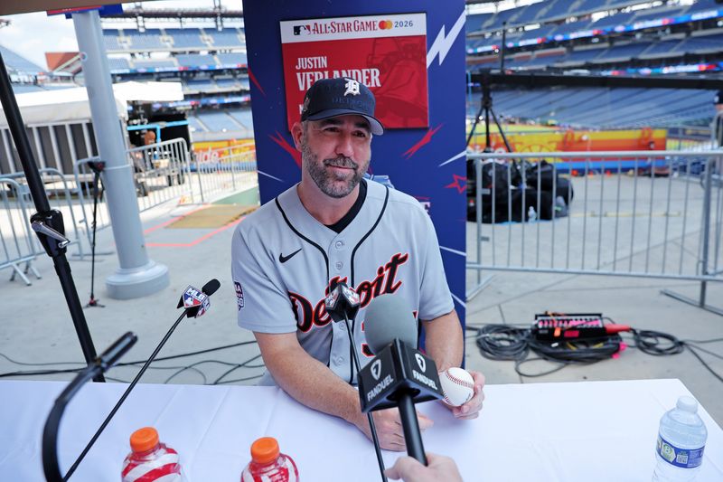Tigers' Justin Verlander (35) talks to the media before the home run derby at Citizens Bank Park.