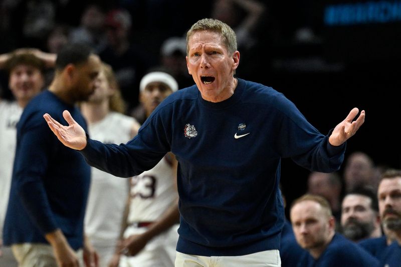 Mar 19, 2026; Portland, OR, USA; Gonzaga Bulldogs head coach Mark Few reacts during the second half of a first round game of the men's 2026 NCAA Tournament against the Kennesaw State Owls at Moda Center. Mandatory Credit: Troy Wayrynen-Imagn Images