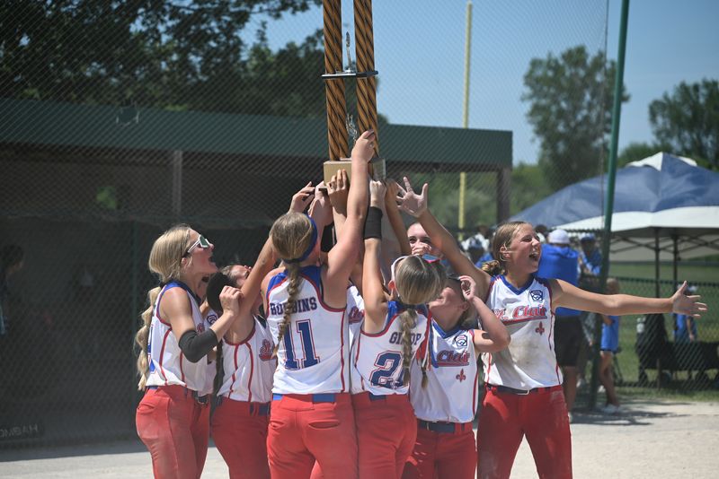 The St. Clair Little League softball team celebrates after defeating Georgetown, 1-0, in the Michigan state championship game at Legacy Park in St. Clair on Tuesday, July 14.