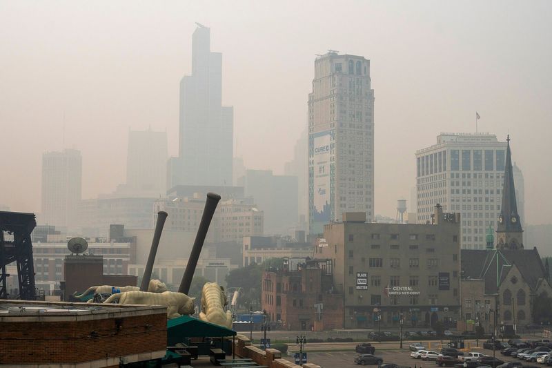 Wildfire smoke hangs over downtown Detroit on Thursday, July 16, 2026.