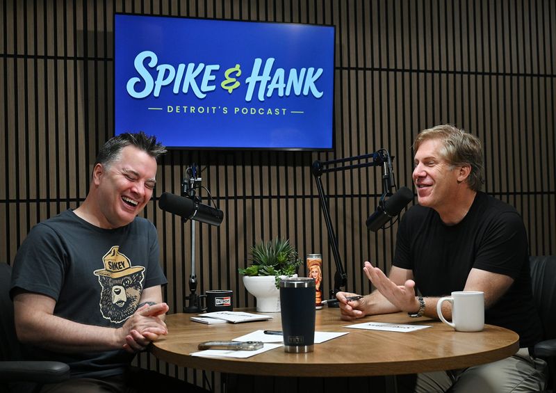 Former "Mojo in the Morning" co-host Spike, from left, and ex-Ch. 4 reporter Hank Winchester recording a new podcast together on Thursday, July 16, 2026, in Southfield, MI.