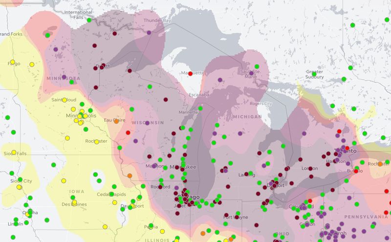 Air quality readings in the Great Lakes region as of Friday, July 17, 2026, showing unhealthy air hovering over most of Michigan due to wildfire smoke from Canada and Minnesota.