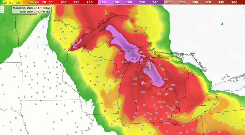 Noon EST - Friday, July 17, 2026 — Air quality forecast (near-surface smoke levels) in Michigan, according to the National Weather Service - air quality guidance viewer.