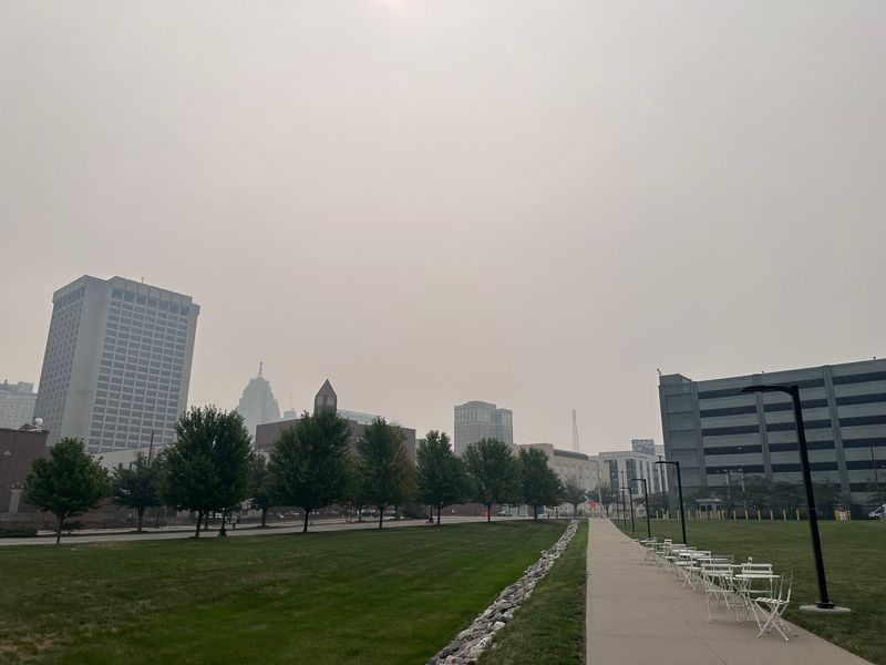 The air remained hazy outside the Detroit Public Safety Headquarters on Friday, July 17 , 2026, due to the Canadian wildfires.